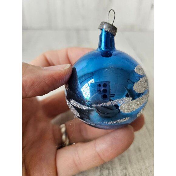 Vintage blue glitter indent ball mercury glass ornament Xmas silver glitter tree - Picture 3 of 8